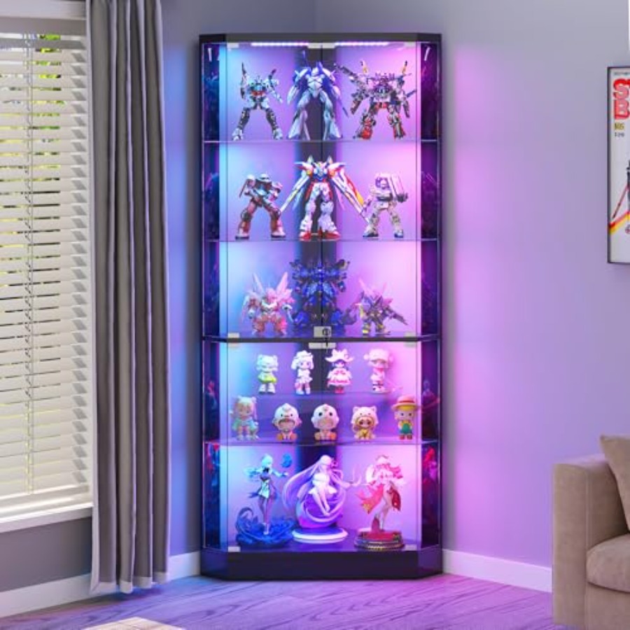 Display Case Acrylic - ตู้โชว์มุมพร้อมไฟ RGB และเซ็นเซอร์ตรวจจับการเคลื่อนไหวของมนุษย์สำหรับร้านค้าปลีก อะคริลิกสีดำ ตู้โชว์แบบมีไฟส่องสว่างทันสมัย